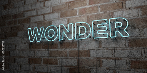 WONDER - Glowing Neon Sign on stonework wall - 3D rendered royalty free stock illustration.  Can be used for online banner ads and direct mailers..