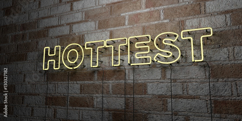 HOTTEST - Glowing Neon Sign on stonework wall - 3D rendered royalty free stock illustration. Can be used for online banner ads and direct mailers..