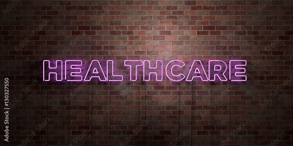 HEALTHCARE - fluorescent Neon tube Sign on brickwork - Front view - 3D rendered royalty free stock picture. Can be used for online banner ads and direct mailers.. - obrazy, fototapety, plakaty 
