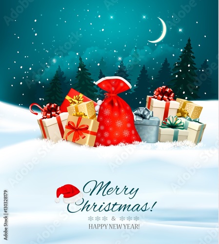 Holiday Christmas background with a sack full of gift boxes. Vec