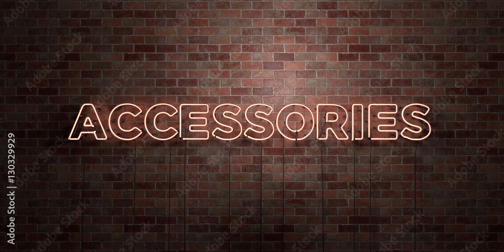 ACCESSORIES - fluorescent Neon tube Sign on brickwork - Front view - 3D rendered royalty free stock picture. Can be used for online banner ads and direct mailers.. - obrazy, fototapety, plakaty 