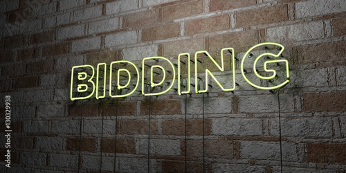 BIDDING - Glowing Neon Sign on stonework wall - 3D rendered royalty free stock illustration. Can be used for online banner ads and direct mailers..