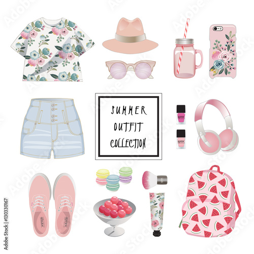 Vector of hand drawn fashion illustration. A set of summer outfit collection with accessories and desserts.