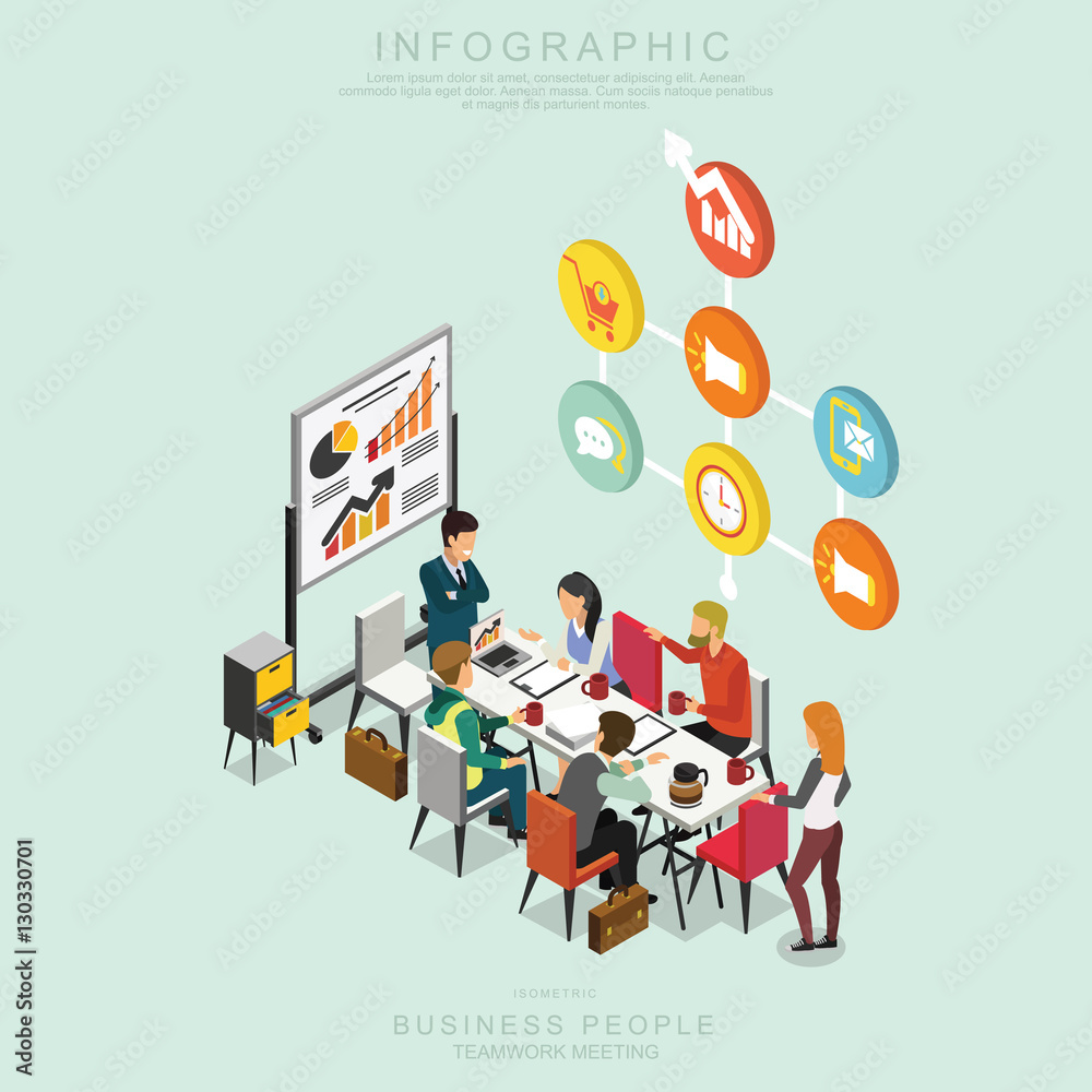 Fototapeta premium Isometric Business People Teamwork Meeting in office, share idea