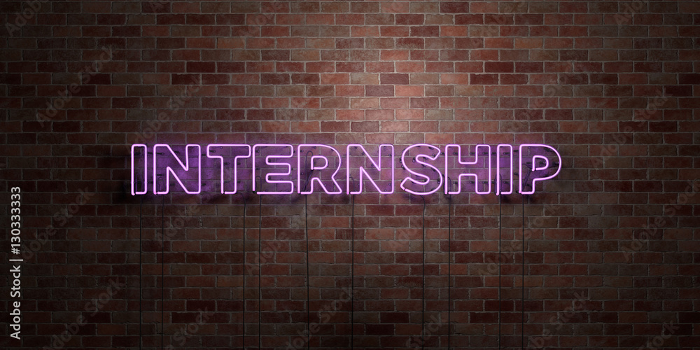 INTERNSHIP - fluorescent Neon tube Sign on brickwork - Front view - 3D rendered royalty free stock picture. Can be used for online banner ads and direct mailers.. - obrazy, fototapety, plakaty 