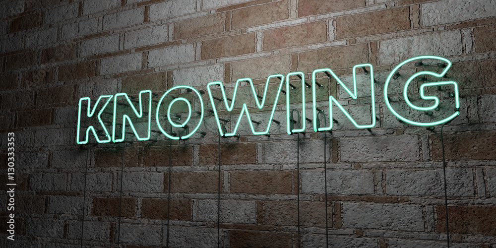 Ταπετσαρία KNOWING - Glowing Neon Sign on stonework wall - 3D rendered royalty free stock illustration