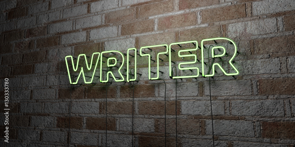 Naklejka premium WRITER - Glowing Neon Sign on stonework wall - 3D rendered royalty free stock illustration. Can be used for online banner ads and direct mailers..