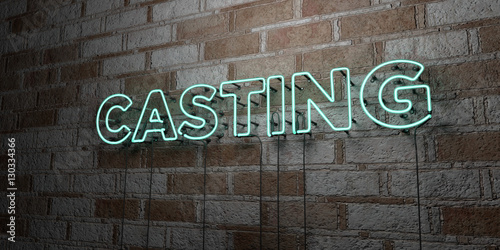 CASTING - Glowing Neon Sign on stonework wall - 3D rendered royalty free stock illustration. Can be used for online banner ads and direct mailers..