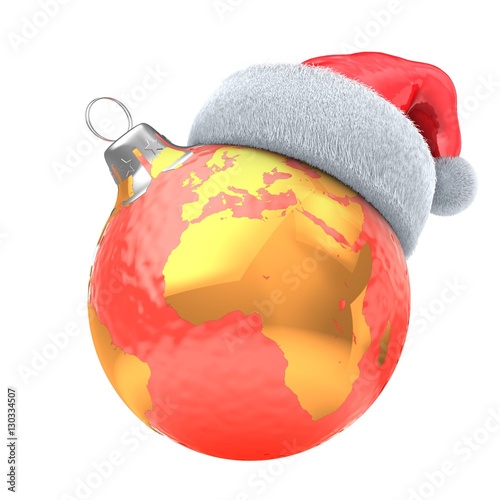3d illustration of red Christmas ball over white background with earth map and Christmas hat