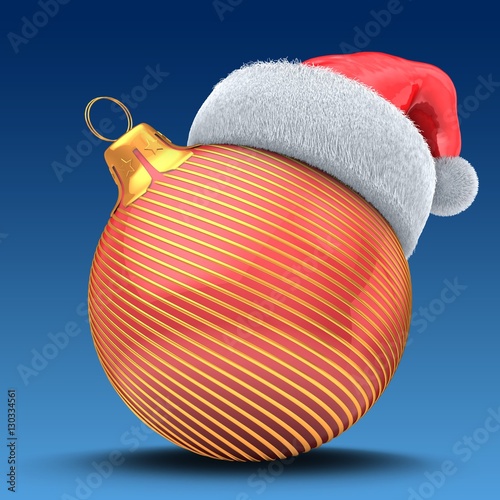 3d illustration of Christmass ball over blue background with golden lines and Christmas hat