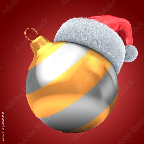 3d illustration of silver Christmas ball over red background with golden line and Christmas hat