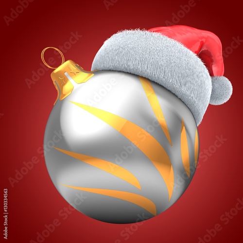 3d illustration of silver Christmas ball over red background with golden ornament and Christmas hat
