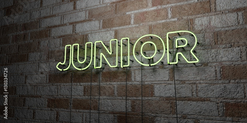 Fotografie JUNIOR - Glowing Neon Sign on stonework wall - 3D rendered royalty free stock illustration