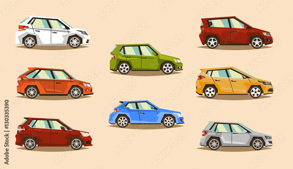 Car Set. Vehicle hatchback. The image of toy machines. Objects isolated on background. Vector illustration. Flat style