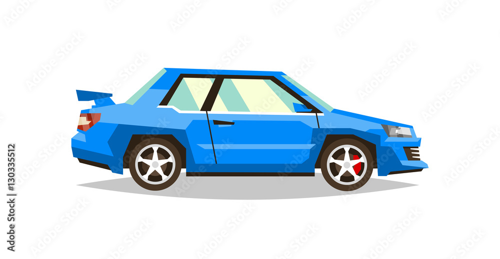 Blue car roadster. Side view. Transport for travel. Gas engine. Alloy wheels. Vector illustration. Flat style