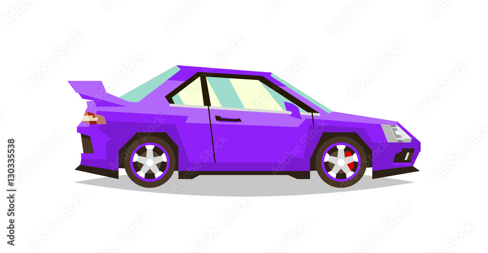 Car roadster. Side view. Transport for travel. Gas engine. Alloy wheels. Vector illustration. Flat style