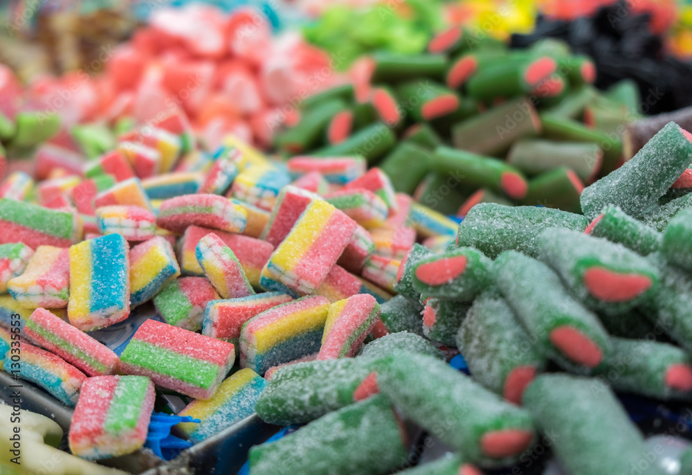 Fototapeta premium Gummy colorful candies for sale at local city market