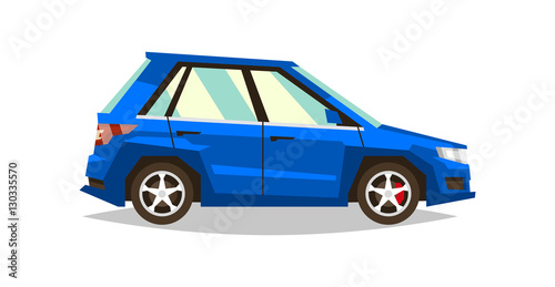 Blue car SUV. Side view. Transport for travel. Gas engine. Alloy wheels. Vector illustration. Flat style