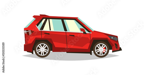Red car SUV. Side view. Transport for travel. Gas engine. Alloy wheels. Vector illustration. Flat style