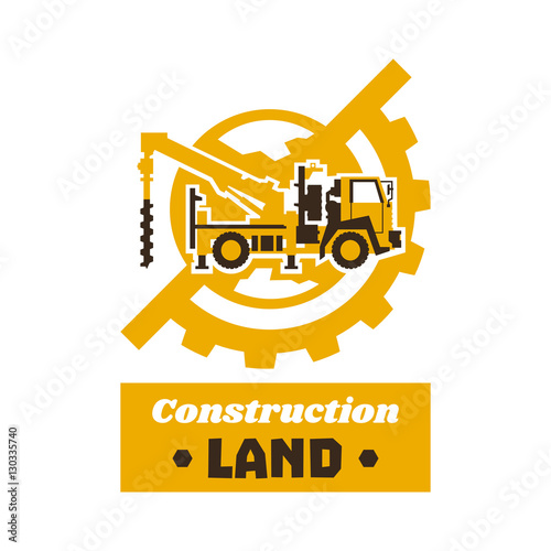 Logo of construction equipment. Globe, earth, gear. Drilling truck. The excavation of land. Vector illustration. Flat style.