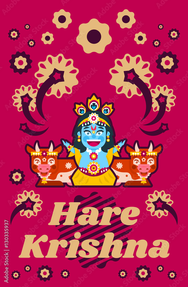 Creative poster illustration on Hare Krishna. Lord Krishna sitting in cows environment. Decorations, holiday, lotus posture, meditation, animal, peacock tail. Fireworks, Flowers. Flat style