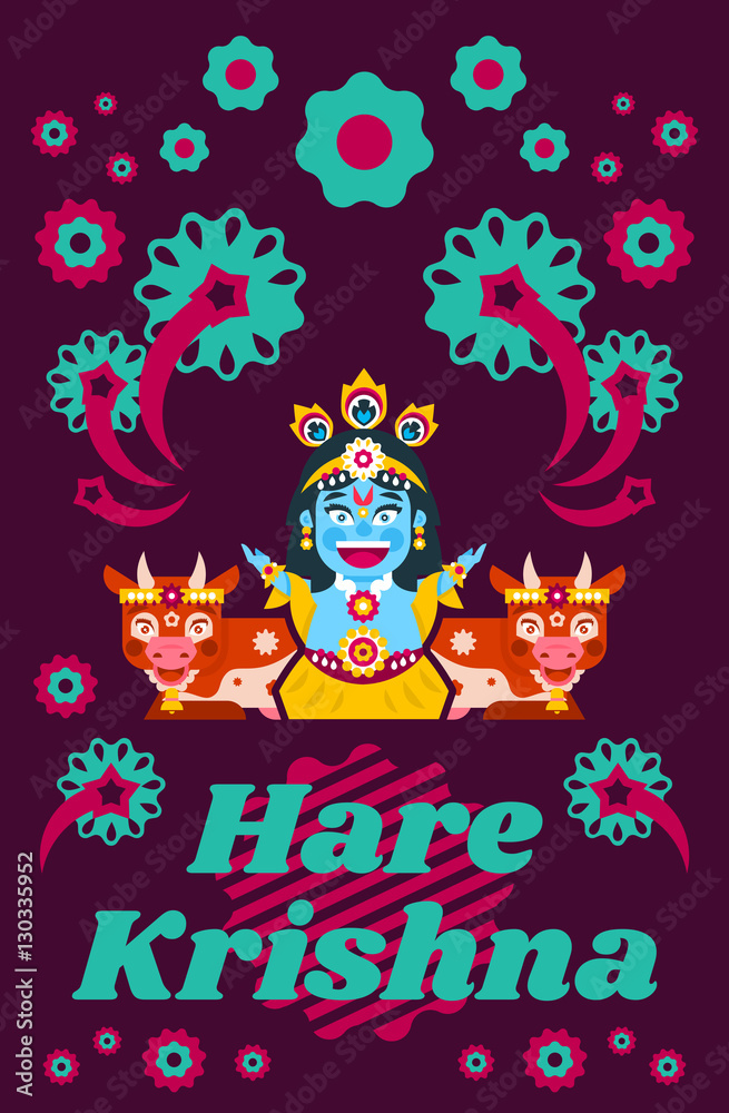 Creative poster illustration on Hare Krishna. Lord Krishna sitting in cows environment. Decorations, holiday, lotus posture, meditation, animal, peacock tail. Fireworks, Flowers. Flat style