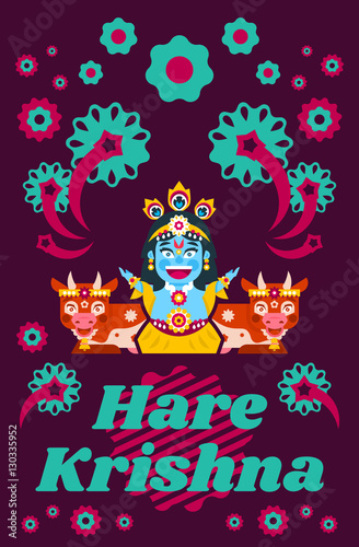 Creative poster illustration on Hare Krishna. Lord Krishna sitting in cows environment. Decorations, holiday, lotus posture, meditation, animal, peacock tail. Fireworks, Flowers. Flat style