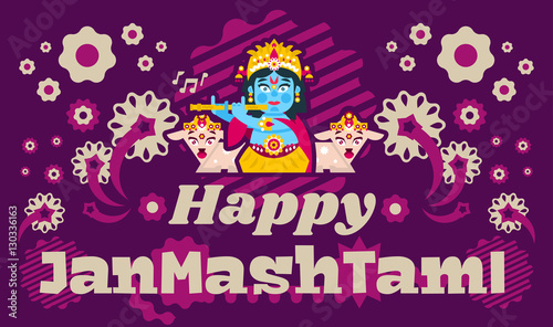 Creative illustration of an invitation to the celebration, banner, poster for the Indian festival of Janmashtami. Lord Krishna playing flute in jewelry. Goats animals. Flat style