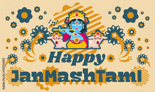 Creative illustration of an invitation to the celebration, banner, poster for the Indian festival of Janmashtami. Lord Krishna playing flute in jewelry. Goats animals. Flat style