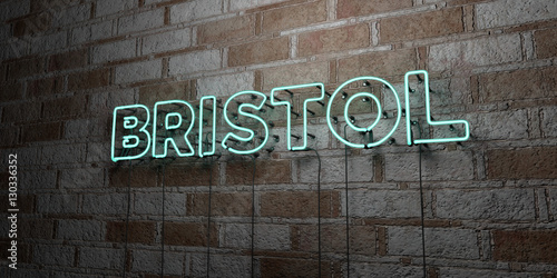 BRISTOL - Glowing Neon Sign on stonework wall - 3D rendered royalty free stock illustration.  Can be used for online banner ads and direct mailers..