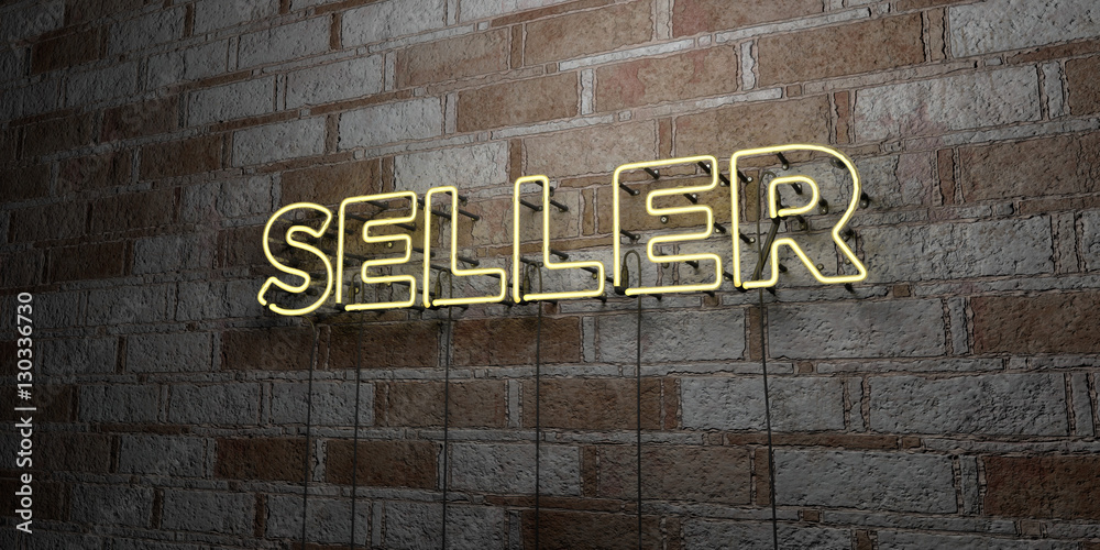 Naklejka premium SELLER - Glowing Neon Sign on stonework wall - 3D rendered royalty free stock illustration. Can be used for online banner ads and direct mailers..