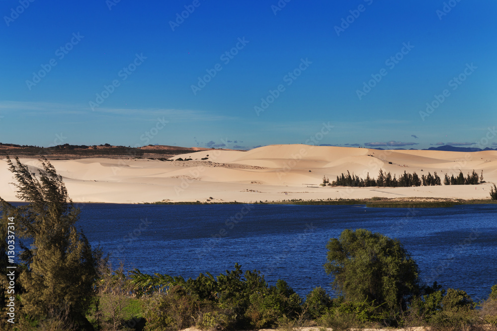 White sand dunes with the lake trees at Mui Ne