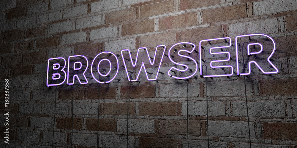 Naklejka premium BROWSER - Glowing Neon Sign on stonework wall - 3D rendered royalty free stock illustration. Can be used for online banner ads and direct mailers..