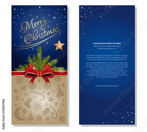Christmas design. Festive blue background with red ribbon and bow. Design elements for Christmas and New Year. Vector flyer template