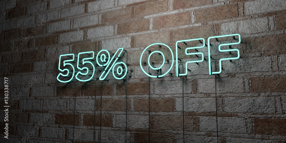 Naklejka premium 55% OFF - Glowing Neon Sign on stonework wall - 3D rendered royalty free stock illustration. Can be used for online banner ads and direct mailers..