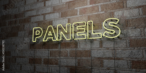 PANELS - Glowing Neon Sign on stonework wall - 3D rendered royalty free stock illustration. Can be used for online banner ads and direct mailers..