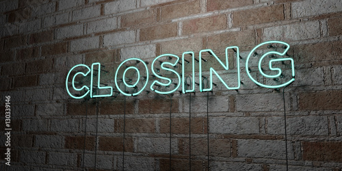 CLOSING - Glowing Neon Sign on stonework wall - 3D rendered royalty free stock illustration.  Can be used for online banner ads and direct mailers..