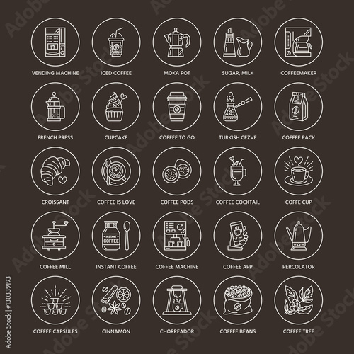 Coffee making equipment vector line icons. Tools - moka pot, french press, coffee grinder, espresso, vending, plant. Linear restaurant, shop pictogram with editable stroke for menu