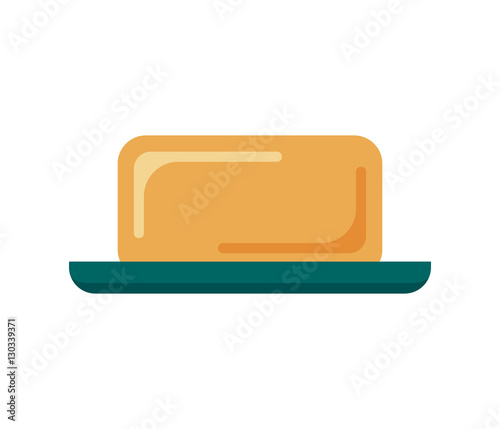 Flat soap with dish isolated on white background, icon logo vector illustration. Clean object, household equipment tool. Cleaning service, housekeeping cleanness