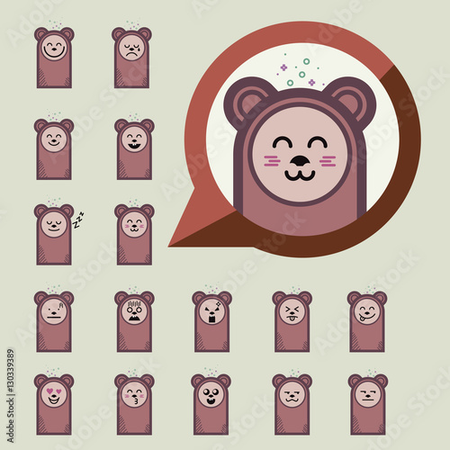 Set of cartoon bear stickers emoticons. Character design. Bear face emotions