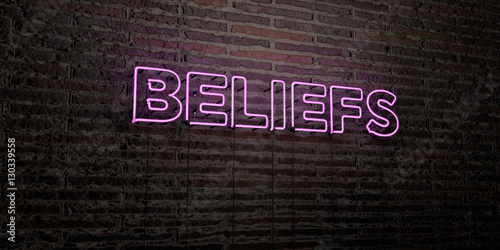 BELIEFS -Realistic Neon Sign on Brick Wall background - 3D rendered royalty free stock image. Can be used for online banner ads and direct mailers..