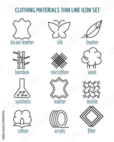Clothing materials thin line icons. Cotton and silk, fiber and bamboo fabric linear signs. Vector illustration