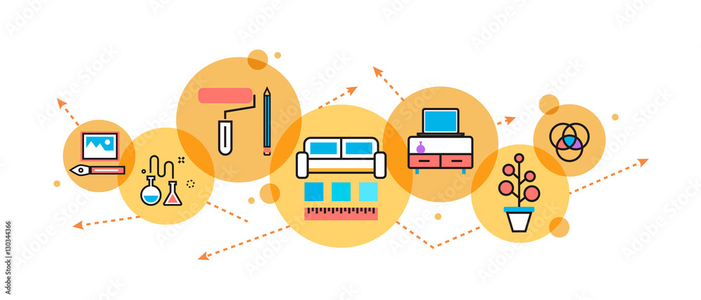 Flat line illustration of interior design process, furniture, painting ...