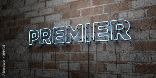 PREMIER - Glowing Neon Sign on stonework wall - 3D rendered royalty free stock illustration.  Can be used for online banner ads and direct mailers.. photo