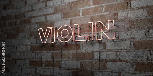 VIOLIN - Glowing Neon Sign on stonework wall - 3D rendered royalty free stock illustration.  Can be used for online banner ads and direct mailers..