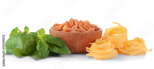 Different kinds of pasta on white background