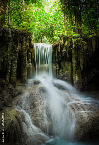 Erawan waterfall, the beautiful waterfall in forest at Erawan National Park - A beautiful waterfall on the River Kwai. Kanchanaburi, Thailand