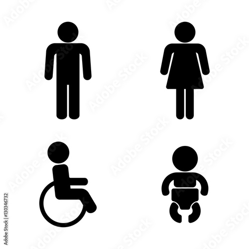 Set of 4 restroom web and mobile icons. Man, woman, child, disability. Vector illustration isolated on white