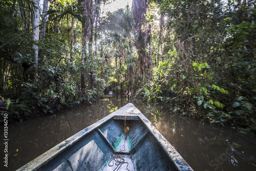 Canoe boat trip in Amazon Jungle of Peru, by Sandoval Lake in Tambopata National Reserve, Peru photo