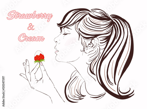 Pretty girl with dark long hair eating strawberry and cream. Illustration of a beautiful young woman enjoying a strawberry and cream. Happy Valentine Day Vector hand-drawn illustration. Copy space.